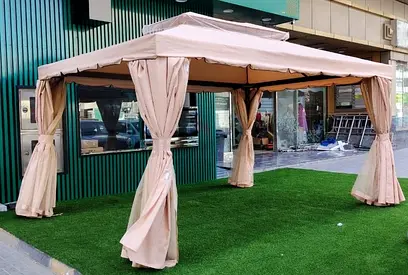 Beige Outdoor Gazebo with Curtains - Good Condition