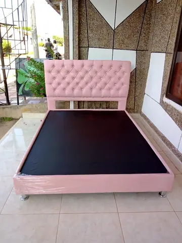 Pink Upholstered Double Bed Frame with Tufted Headboard