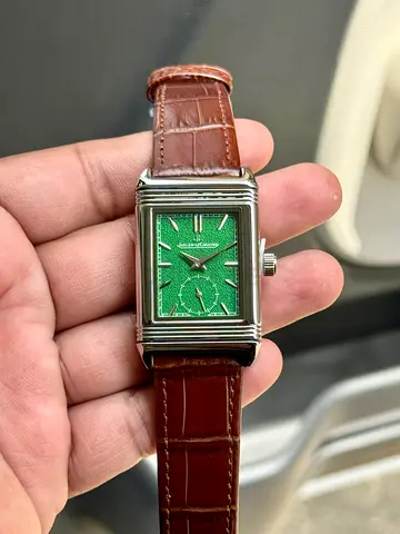 Jaeger-LeCoultre-style rectangular green dial leather strap watch (mens) - Raplica