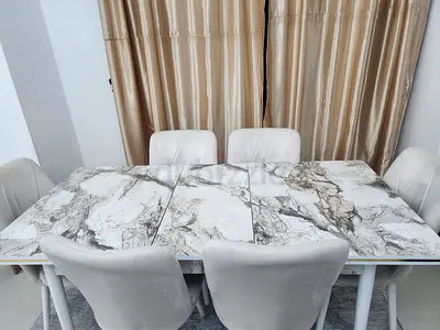 Marble-effect Extendable Dining Table with 6 Velvet Chairs