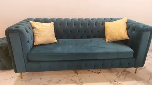 Teal Velvet Chesterfield 7-Seater (3+2+2) Sofa with Gold Legs