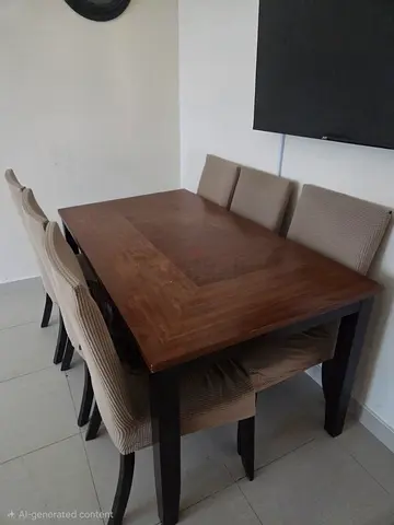 Solid Wood Dining Table with 6 Upholstered Chairs - Good Condition