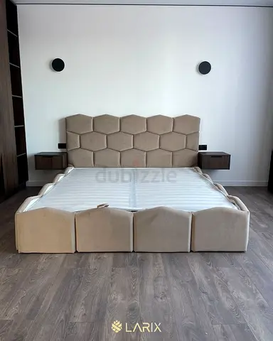 Large Beige Upholstered King Bed with Hexagon Headboard