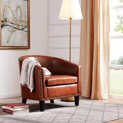 Brown Leather Accent Armchair with Nailhead Trim - Good Condition