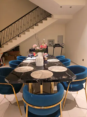 Luxury 8-Seater Black Marble Dining Table with Blue Velvet Gold Chairs – Excellent Condition sale
