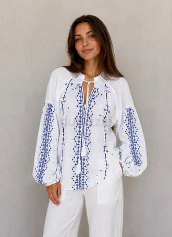 Pure Cotton Contrast Embroidery Boho Blouse