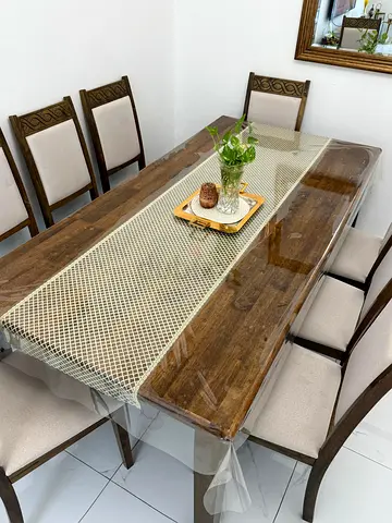 Solid Wood 6-Seater Dining Table with Chairs and Clear Table Protector