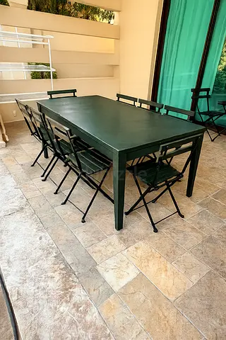 Wooden Dining table and small table plus 10 folding chairs