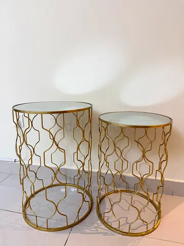 Set of 2 Gold Metal Side Tables with Marble Tops
