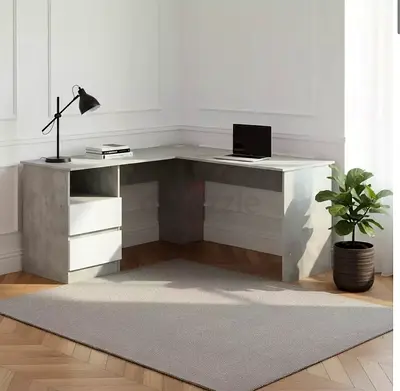 L-shaped Concrete Finish Corner Desk with Drawers