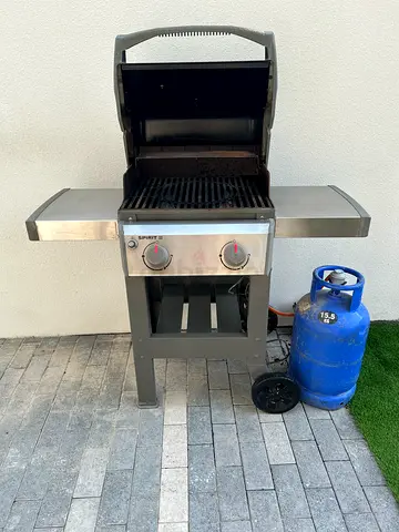 Two-burner stainless steel gas BBQ grill with propane cylinder