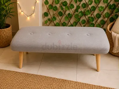 Mid-century Modern Grey Upholstered Bench with Wooden Legs