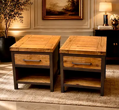 Pottery Barn Pair of Rustic Wooden Bedside Tables with Drawer and Shelf