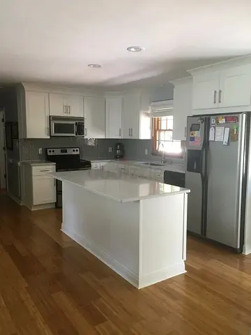 White Kitchen Island with Quartz Top - and storage