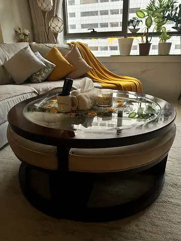 Round Glass Top Coffee Table with Upholstered Ottoman Set - Dining Table (multi use)