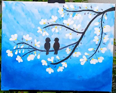 Original Acrylic Painting of Two Birds on Blossom Branch
