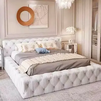 Tufted Upholstered King Size Bed Frame with Headboard (White)