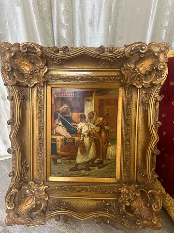 Framed Classical Oil Painting of Musicians in Ornate Gilded Frame