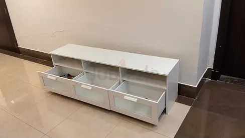 White low TV cabinet with three frosted drawers - good condition