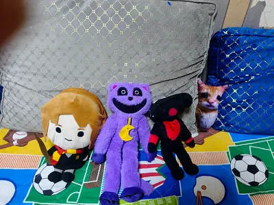 Four plush stuffed toys—catnap toy, Harry Potter movie doll, and speaker/camera man toys for 75 AED