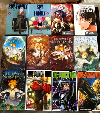Mangas: Spy x Family, Attack on Titan, The Promised Neverland, One-Punch Man.