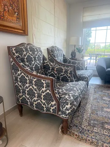 Pair of Vintage Style Upholstered Armchairs with Wooden Frame.