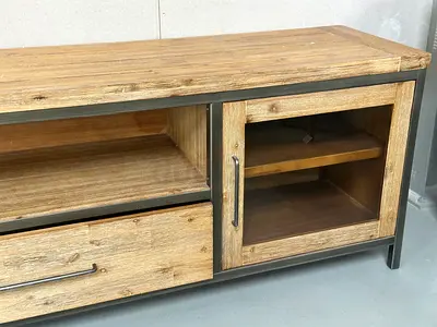 Solid Wood and Metal TV Unit with Glass Door and Drawer