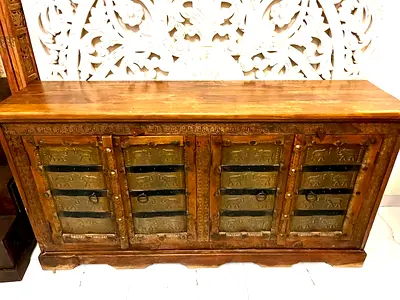 Solid Wood Carved Sideboard / Console Cabinet with Metal Inlays