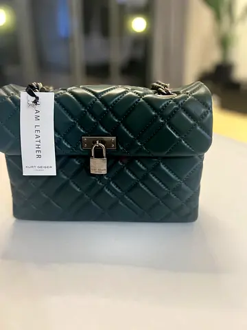 Kurt Geiger Quilted Leather Shoulder Bag with Chain Strap - Dark Green Brand New - Original