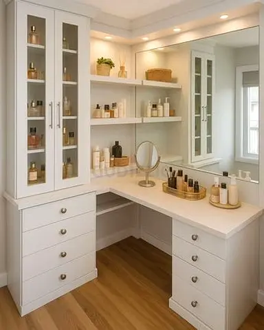 White L-shaped Built-in Dressing Table with Mirror and Storage