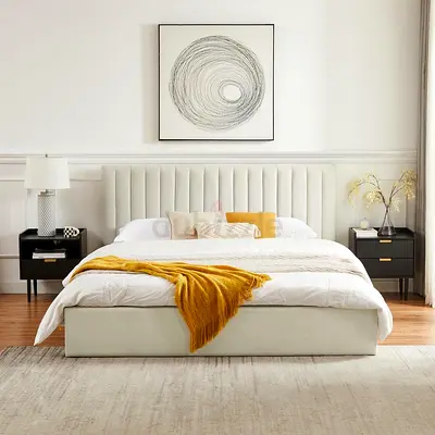 Beige Upholstered King Bed with Quilted Headboard