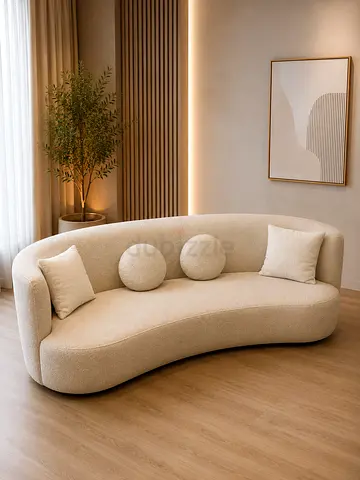 Modern Curved Boucle Sofa with Decorative Pillows