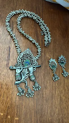 Vintage-style silver oxidized long necklace with matching earrings set light weight