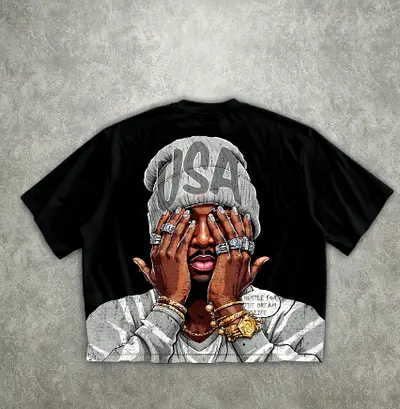 Black Graphic USA Beanie Print Oversized T-Shirt, Good Condition