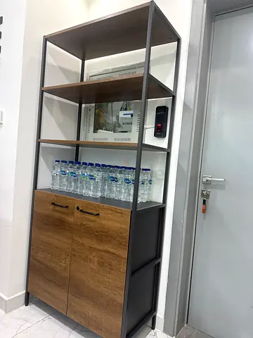 Metal frame shelving unit with wooden cabinet - good condition