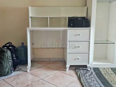 White Wooden Study Desk with Drawers and Shelves