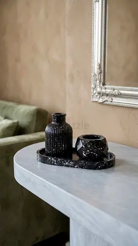 Marble-effect Console Table with Decorative Black Vases (Set)