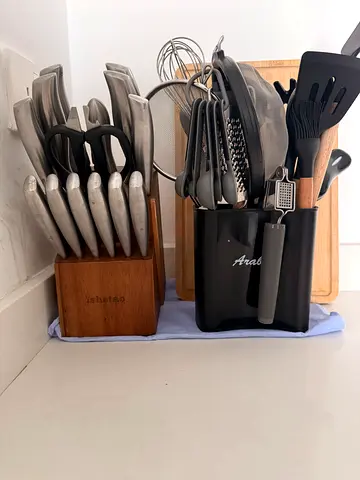 Complete Kitchen Starter Bundle – 14-Pc Knife Block Set + Full Utensil Set  Wood Cutting Board