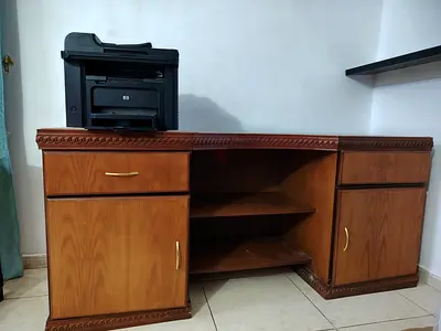 Wooden Office Desk with Storage Cabinets and Shelves - Good Condition