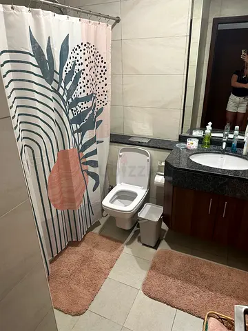 Shower curtain, rod, rugs, and hand towel