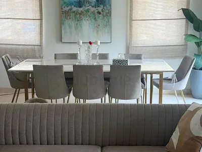 Modern 8-Seater Dining Table with Upholstered Chairs - Light Grey