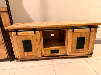 Solid Wood TV Cabinet / Entertainment Unit with Industrial Metal Plate