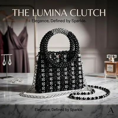 Black Beaded Lumina Clutch with Chain Strap — Like New