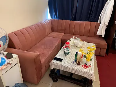 L-shaped pink velvet corner sofa - good condition