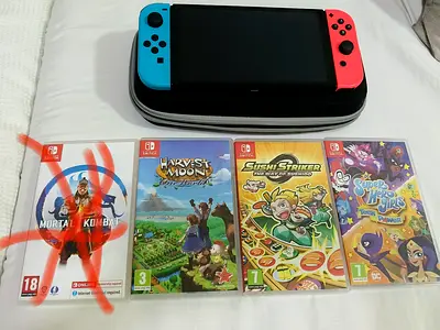 Nintendo Switch console with 3 games and protective carry case
