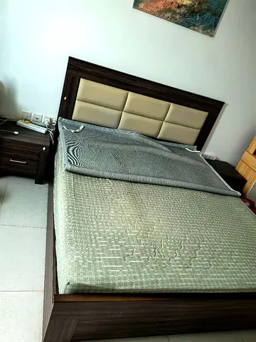 King size wooden bed frame with padded headboard and mattress included and two side tables