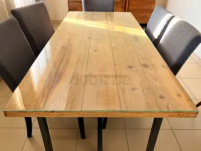 Solid Wood Dining Table with Black Metal Frame and glass top - Seats 6