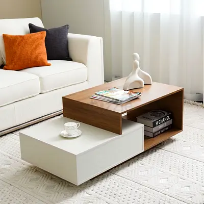 Modern two-tier coffee table with wood and white finish