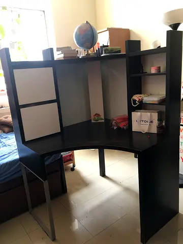Ikea micke corner workstation/ stu.Black wooden study desk with shelves and storage - good condition