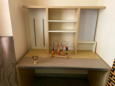Used Light Wood Study Desk with Overhead Shelves and Storage